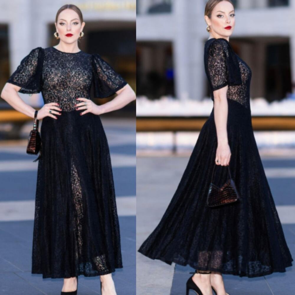 Reformation‎ Maxi Dress NEW Knit Lace Floral Sheer Black Cape Sleeve Waller Sz M
